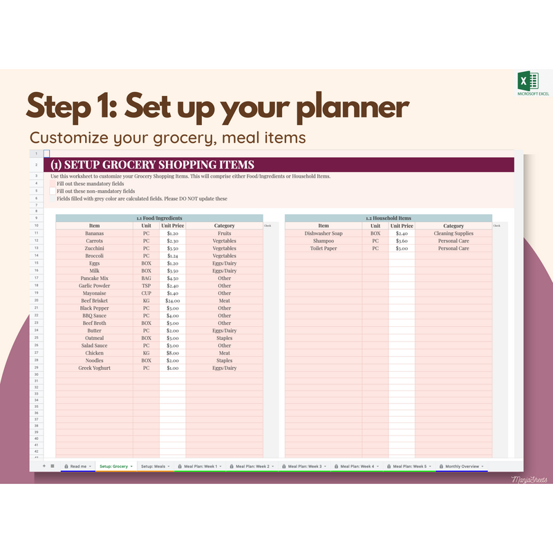 Meal Planner and Grocery List Excel Sheet