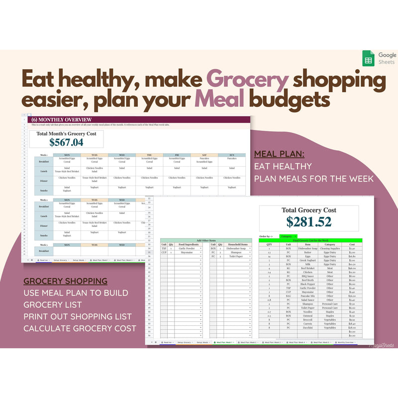 Grocery List and Meal Planner Google Sheets, Meal Plan Template, Shopping List