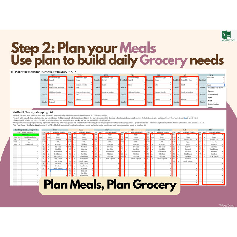 Grocery List and Meal Planner Excel Sheet, Meal Plan Template, Shopping List, Weekly Meal Planning, Expense Tracker, Digital Meal Planner