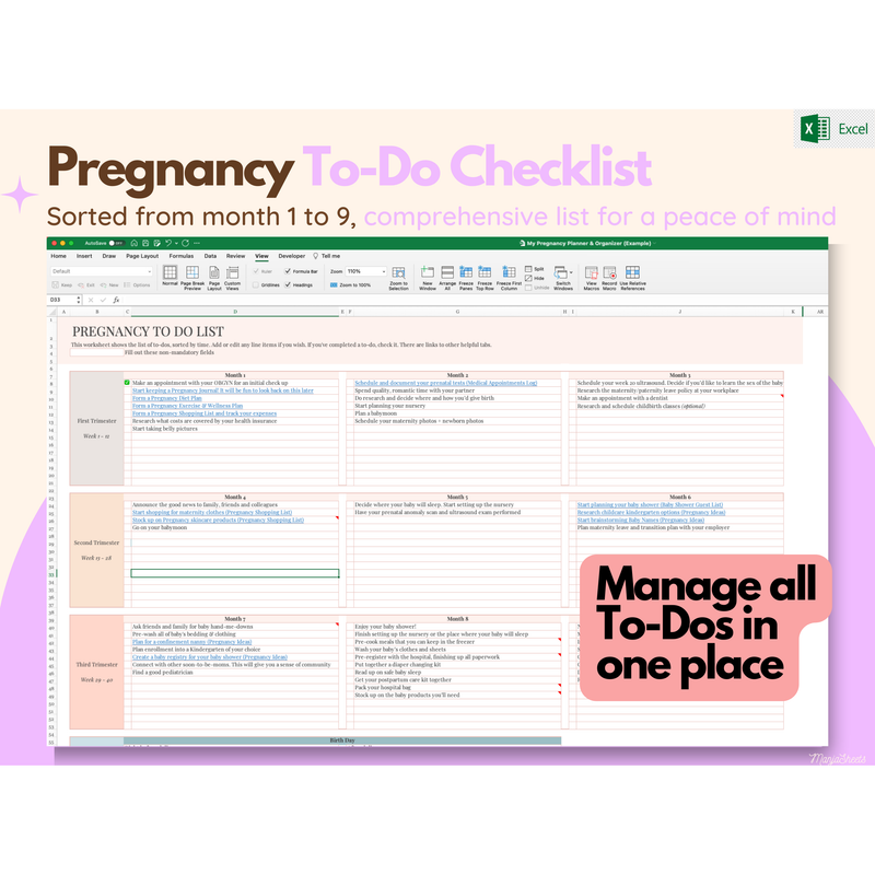 Digital Pregnancy Planner & Journal Excel Sheet