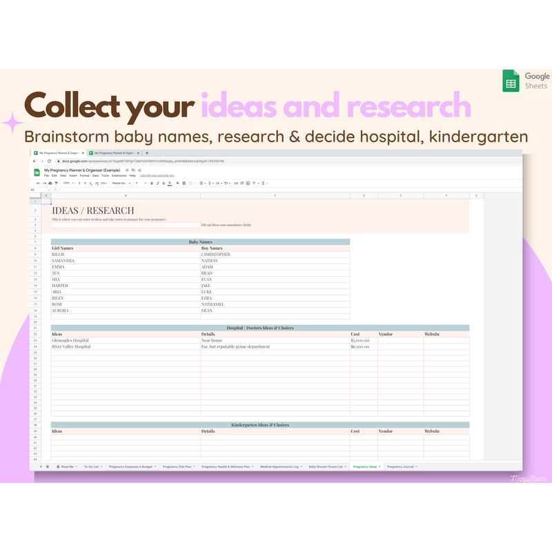 Pregnancy Planner & Journal Google Spreadsheet