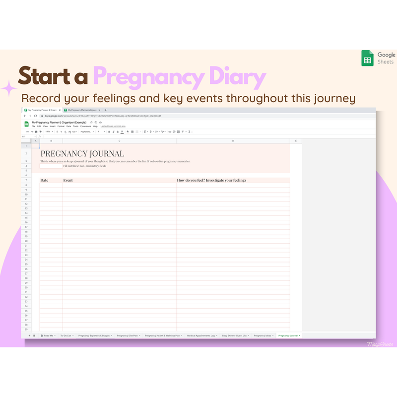 Pregnancy Planner & Journal Google Spreadsheet