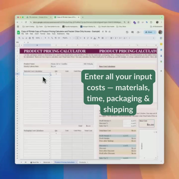 Handmade Product Pricing Calculator Excel Spreadsheet