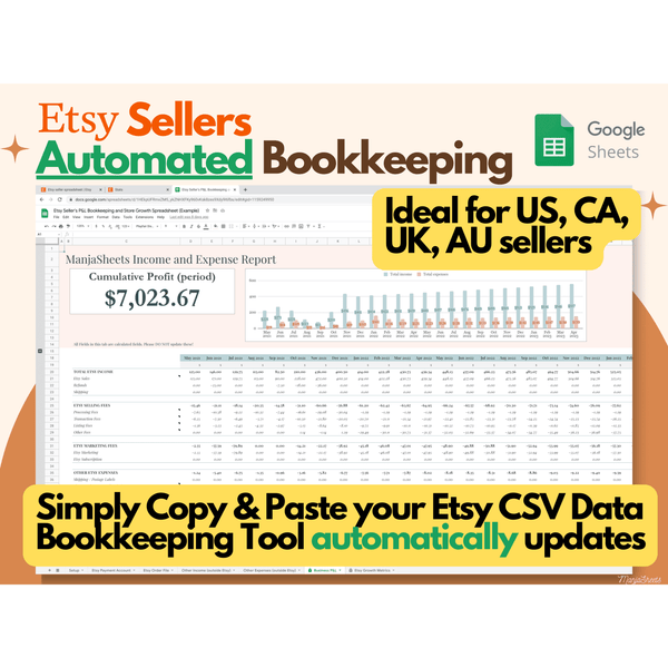 Bookkeeping Template that helps you to plan, track and profitably grow your Etsy business!  Save time and money with this easy to use automated bookkeeping tool. Perfect for small business Etsy storeowners!