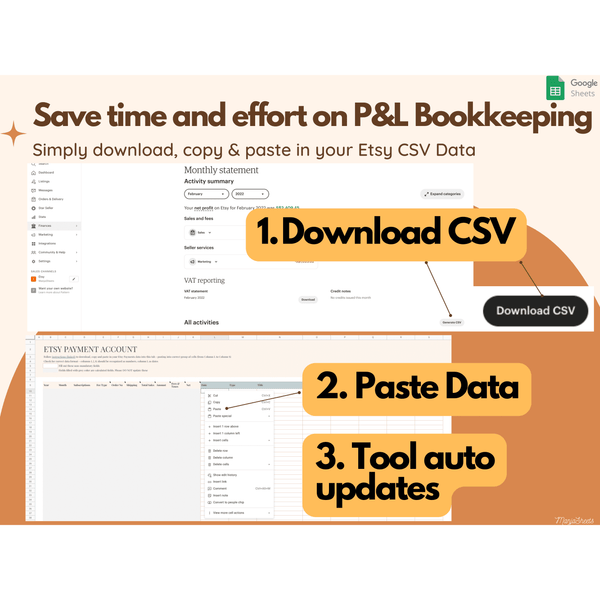 Download your etsy csv files and paste data into spreadsheet that automatically updates, Bookkeeping Template that helps you to plan, track and profitably grow your Etsy business!  Save time and money with this easy to use automated bookkeeping tool. Perfect for small business Etsy storeowners!