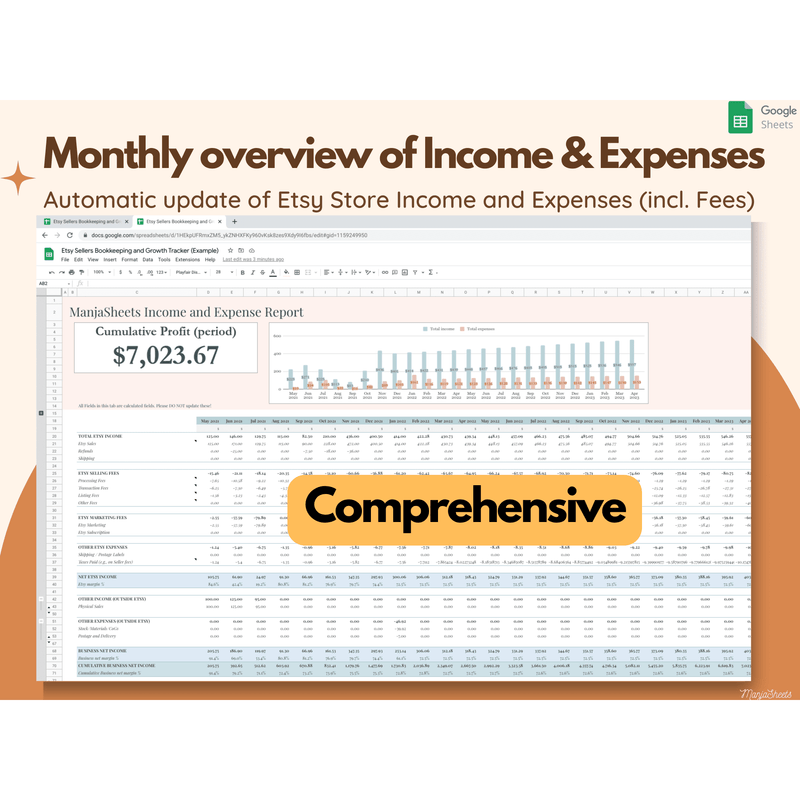 Get monthly overview of income and expenses of your etsy store, Bookkeeping Template that helps you to plan, track and profitably grow your Etsy business!  Save time and money with this easy to use automated bookkeeping tool. Perfect for small business Etsy storeowners!