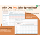 all in one etsy spreadsheet that helps you with bookkeeping and growth marketing