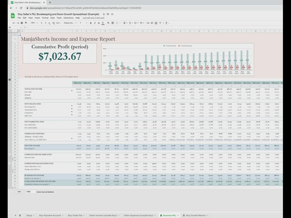 video showing the etsy bookkeeping spreadsheet google sheets