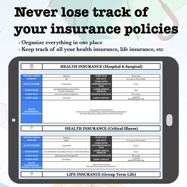 Medical Insurance Planner and Tracker - Organize Your Insurance Policy Information, Google Sheets template