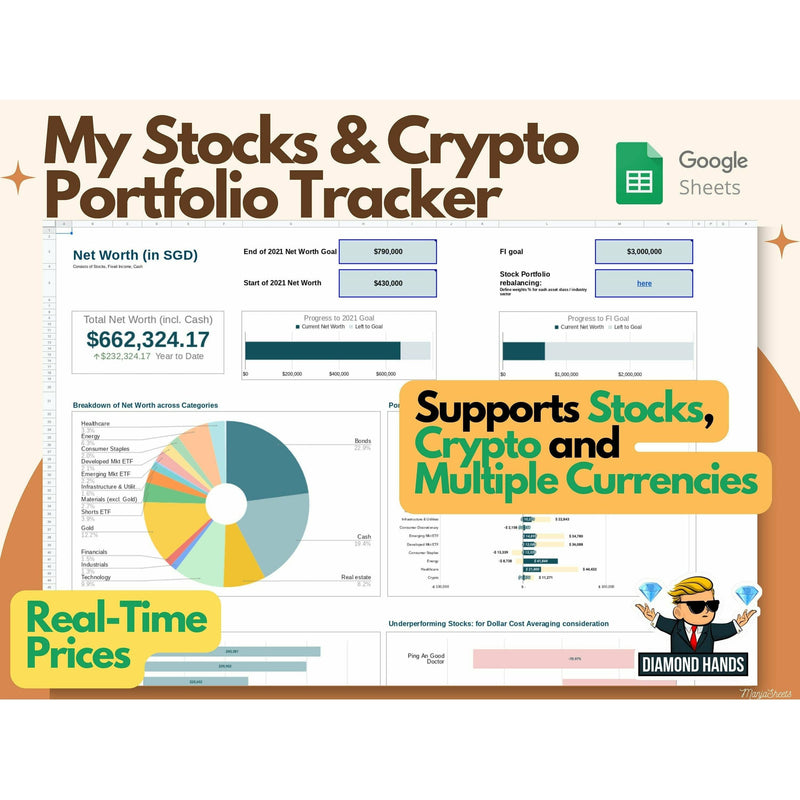 Stocks and Crypto Personal Finance Portfolio Template, Net Worth, Financial Planners, Wealth Dashboard, Budget Planner, Budget Spreadsheet