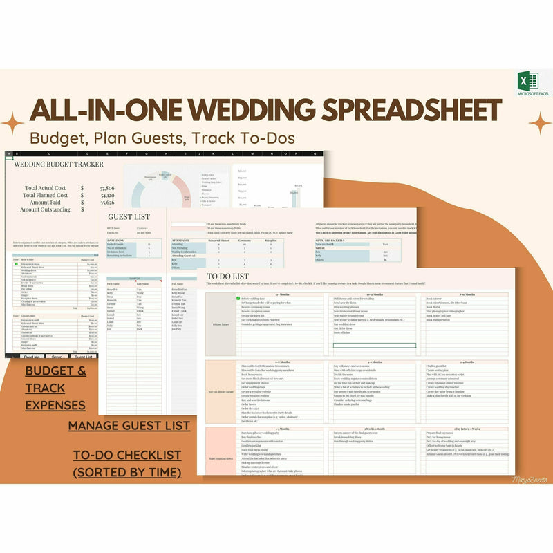 All-in-one wedding spreadsheet that helps you budget for your wedding day, plan your wedding guests, and track your to do checklists