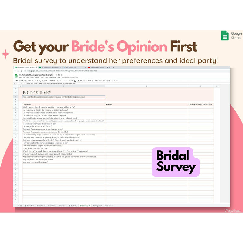 Bachelorette Party Spreadsheet, Bridal Party, Bachelorette Planner, Hen Party Template, Bridesmaid Party, Maid of Honor Plan, Google Sheets
