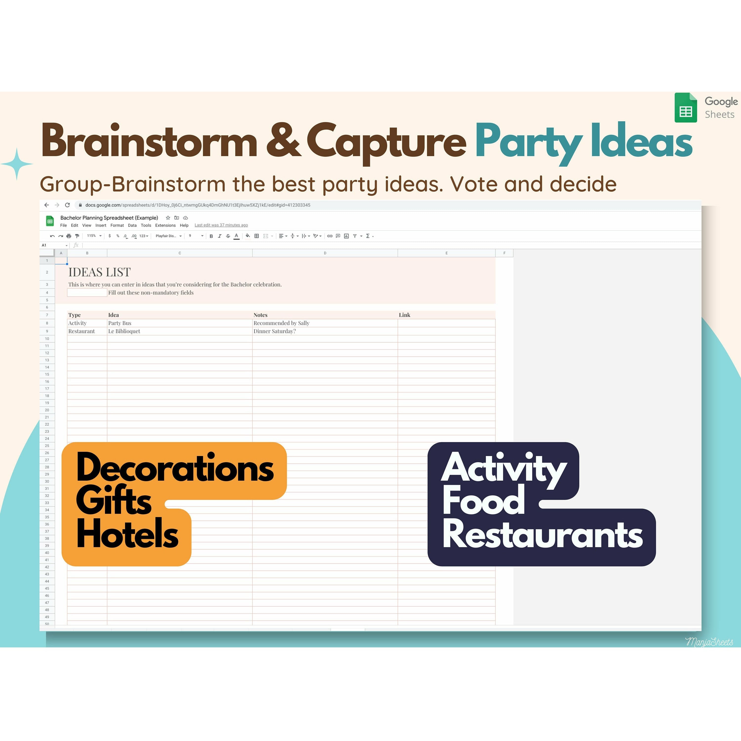 Bachelor Party Planning Spreadsheet