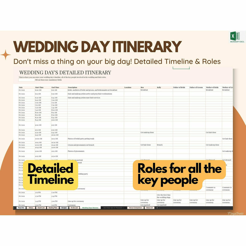 Wedding day itinerary with a detailed timeline and roles for your wedding party