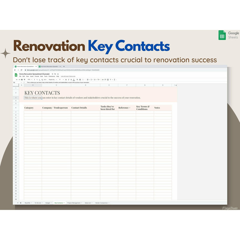 keep track of key renovation contacts and vendors