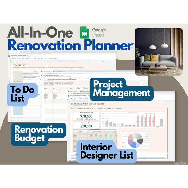 Renovation Planner, Home Renovation, Renovation Budget, Renovation Template, Home Remodel Budget, Renovation Organizer, Google Spreadsheet