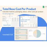 Product Pricing Calculator, Pricing Guide, Pricing Sheet, total base cost per product