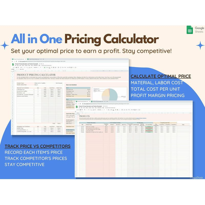 Product Pricing Calculator, Pricing Guide, Pricing Sheet, all in one pricing calculator, set your optimal price for your products