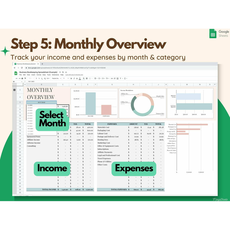 Bookkeeping Small Business, Bookkeeping Template, Expense Tracker, track your monthly income and expenses of your small business
