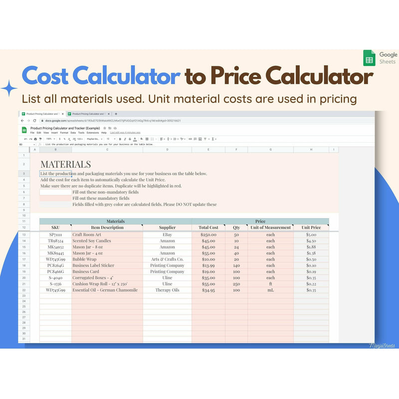 Product Pricing Calculator, Pricing Guide, Pricing Sheet, cost calculator, calculate your base cost of your product