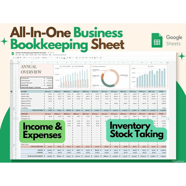 Bookkeeping Small Business, Bookkeeping Template, Expense Tracker, This All In One Bookkeeping Small Business Spreadsheet helps you keep track of your business income, expenses, profit and inventory.