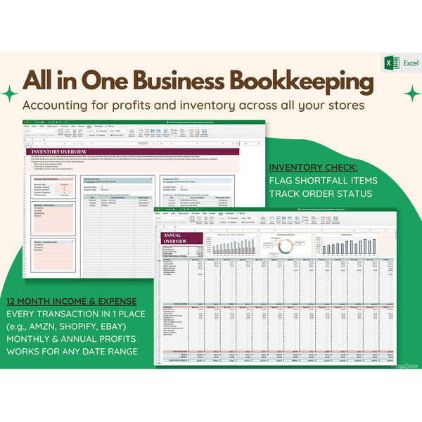 Bookkeeping Small Business, Bookkeeping Template, Expense Tracker, account for profits and inventory for your small business