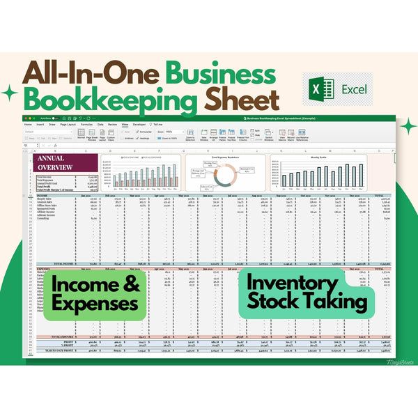 Bookkeeping Small Business, Bookkeeping Template, Expense Tracker, all, This All In One Bookkeeping Small Business Spreadsheet helps you keep track of your business income, expenses, profit and inventory.