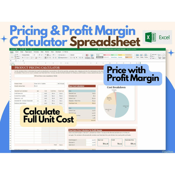Product Pricing Calculator, Pricing Guide, Pricing Sheet, This Product Pricing Calculator helps you determine the total cost of each of your products and how much to price them to make a profit.