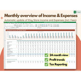 Etsy Bookkeeping Excel Template, Small Business Bookkeeping, Business Spreadsheet, monthly overview of your income and expenses of your etsy store