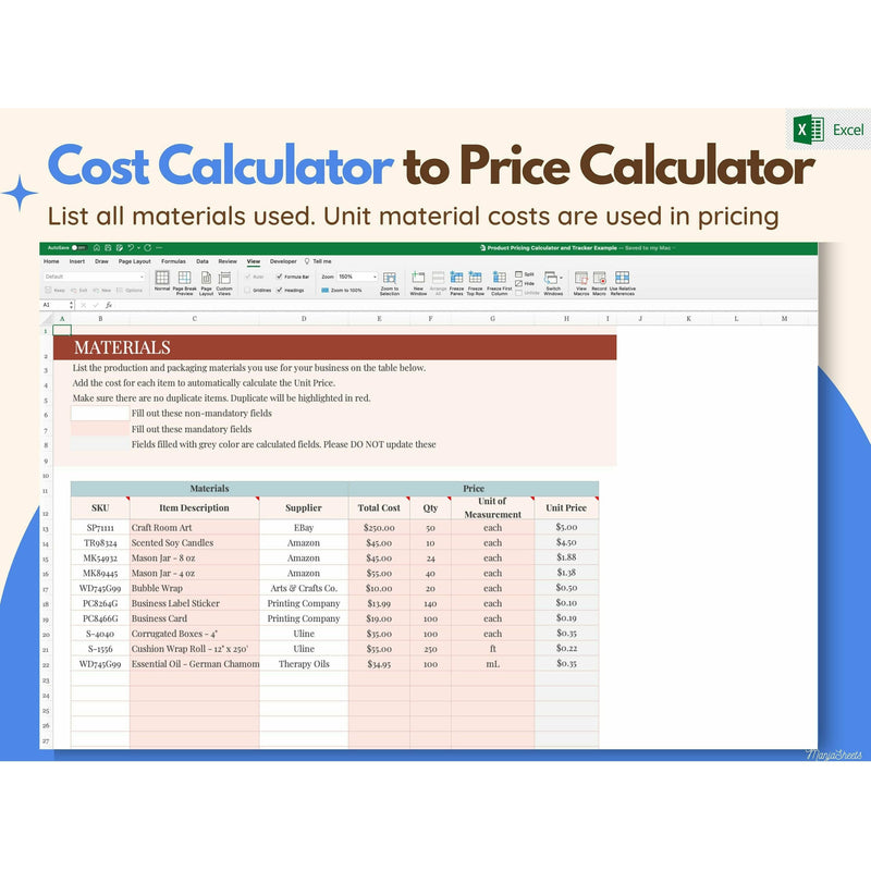 Product Pricing Calculator, Pricing Guide, Pricing Sheet, calculate your unit materials costs
