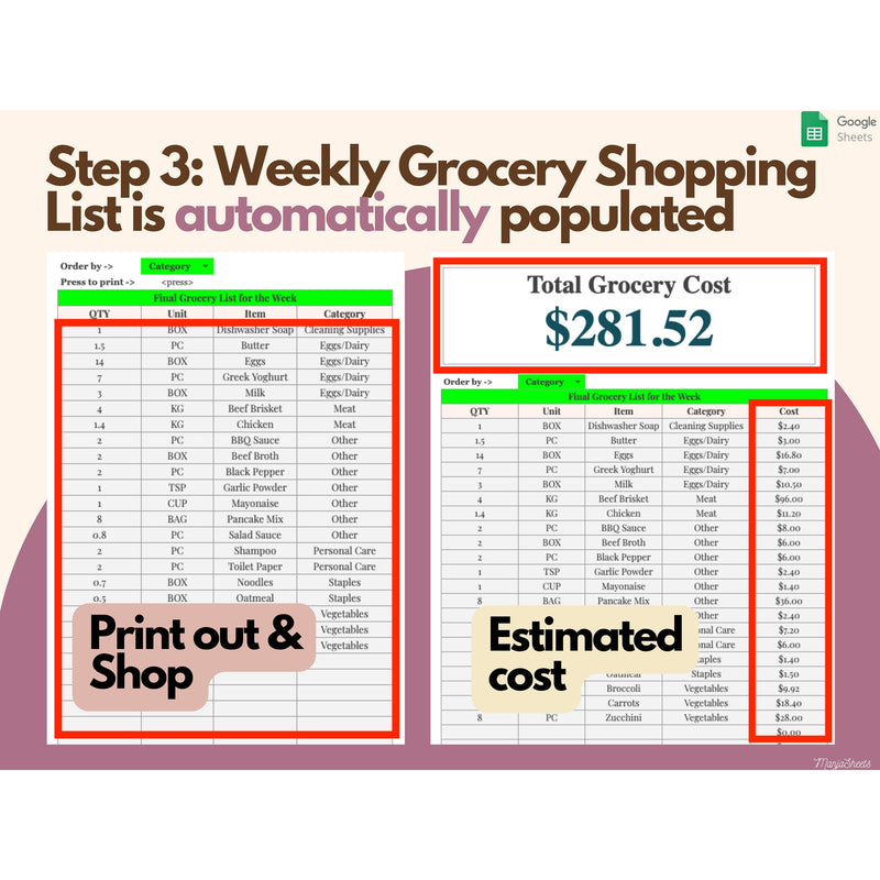 Grocery List and Meal Planner Google Sheets, Meal Plan Template, Shopping List