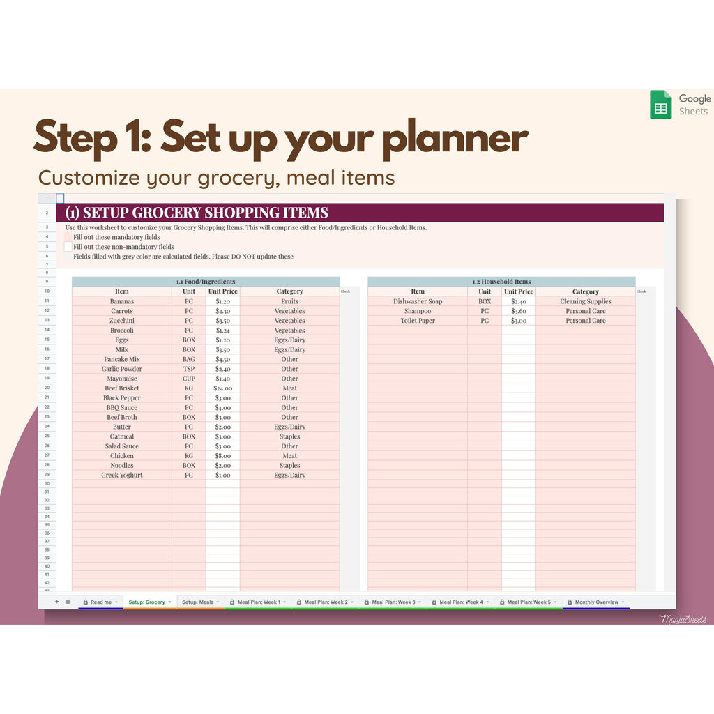 Grocery List and Meal Planner Google Sheets Meal Plan Template Grocery List and Meal Planner Google Sheets Meal Plan Template