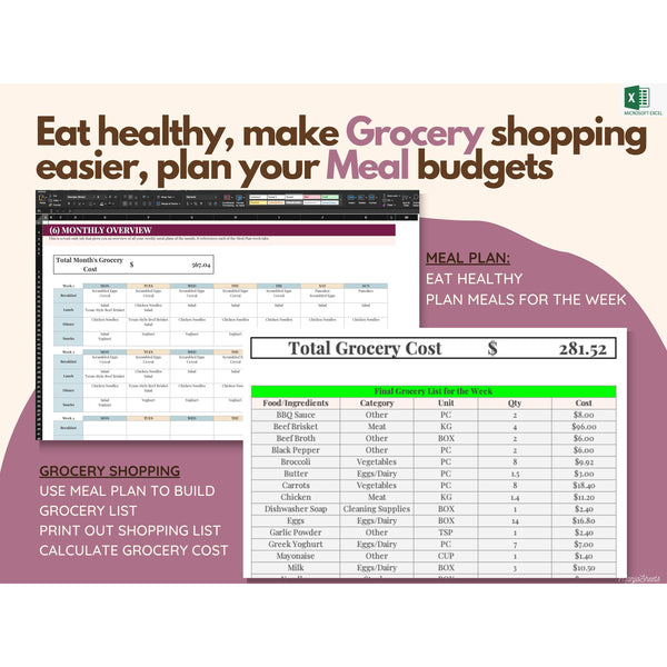 Grocery List and Meal Planner Excel Sheet, Meal Plan Template, Shopping List, Weekly Meal Planning, Expense Tracker, Digital Meal Planner